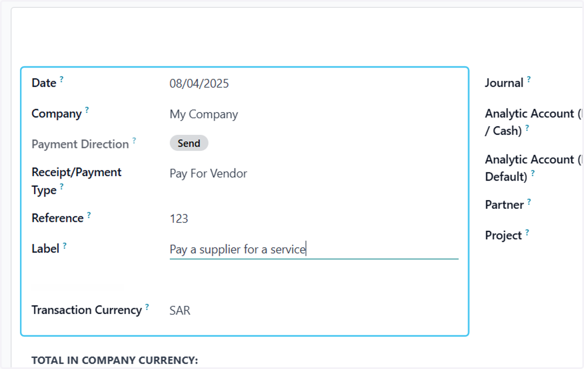 Select the date, type, and write the reference and label.