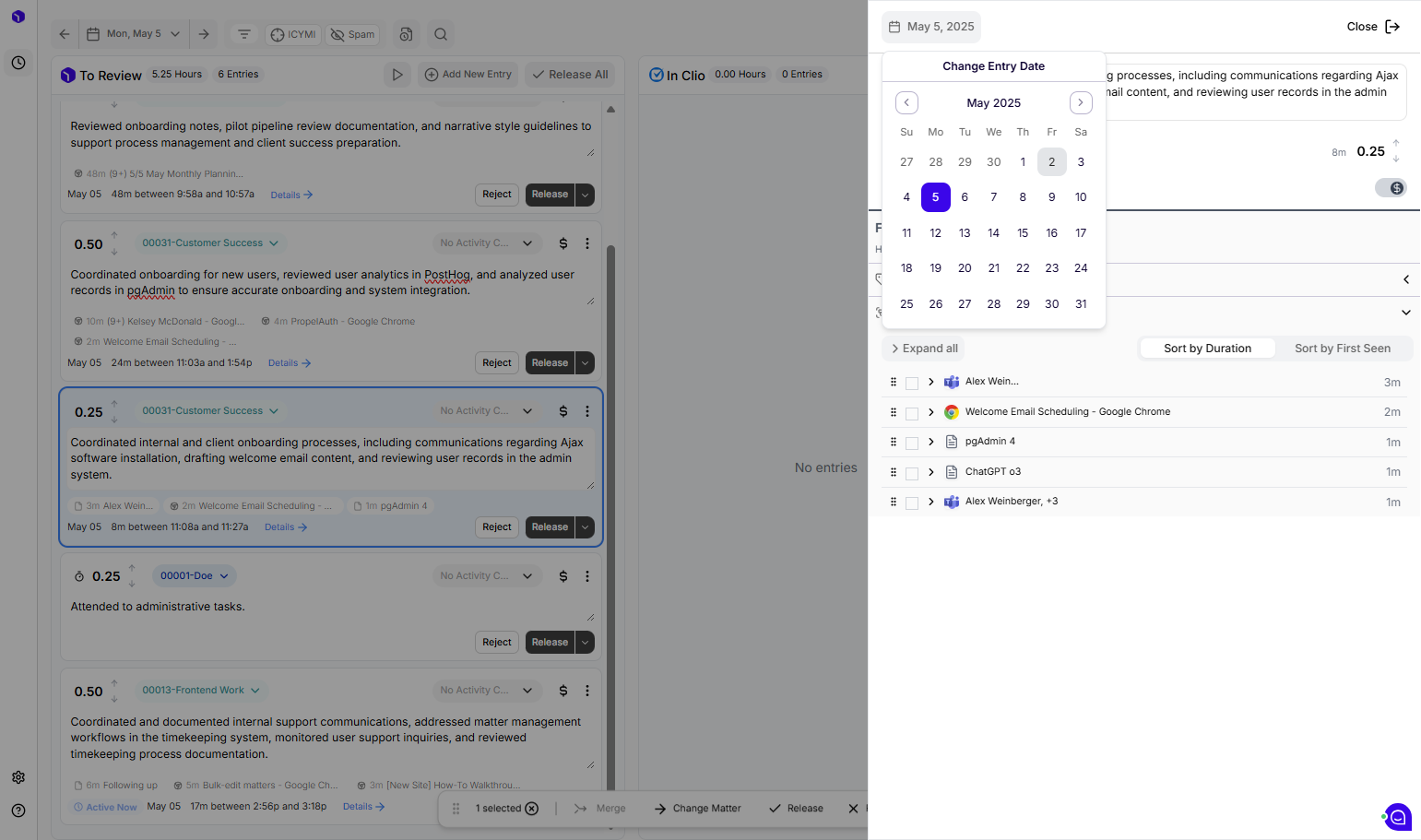 Double-click the new date you want to move the entry to (In this case, we're moving it to May 2nd)