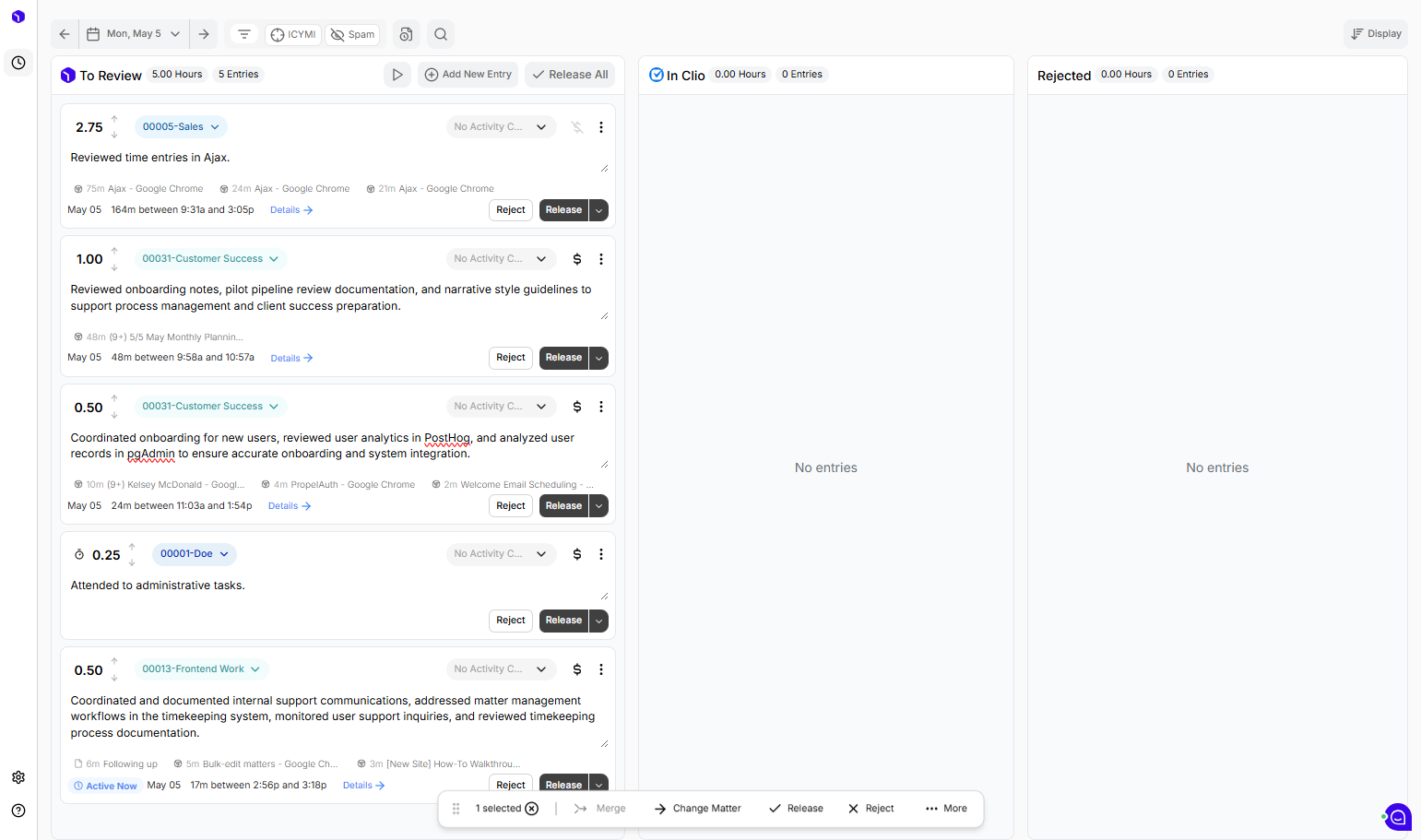 To check that the entry has been correctly moved, click the Calendar dropdown on the main page