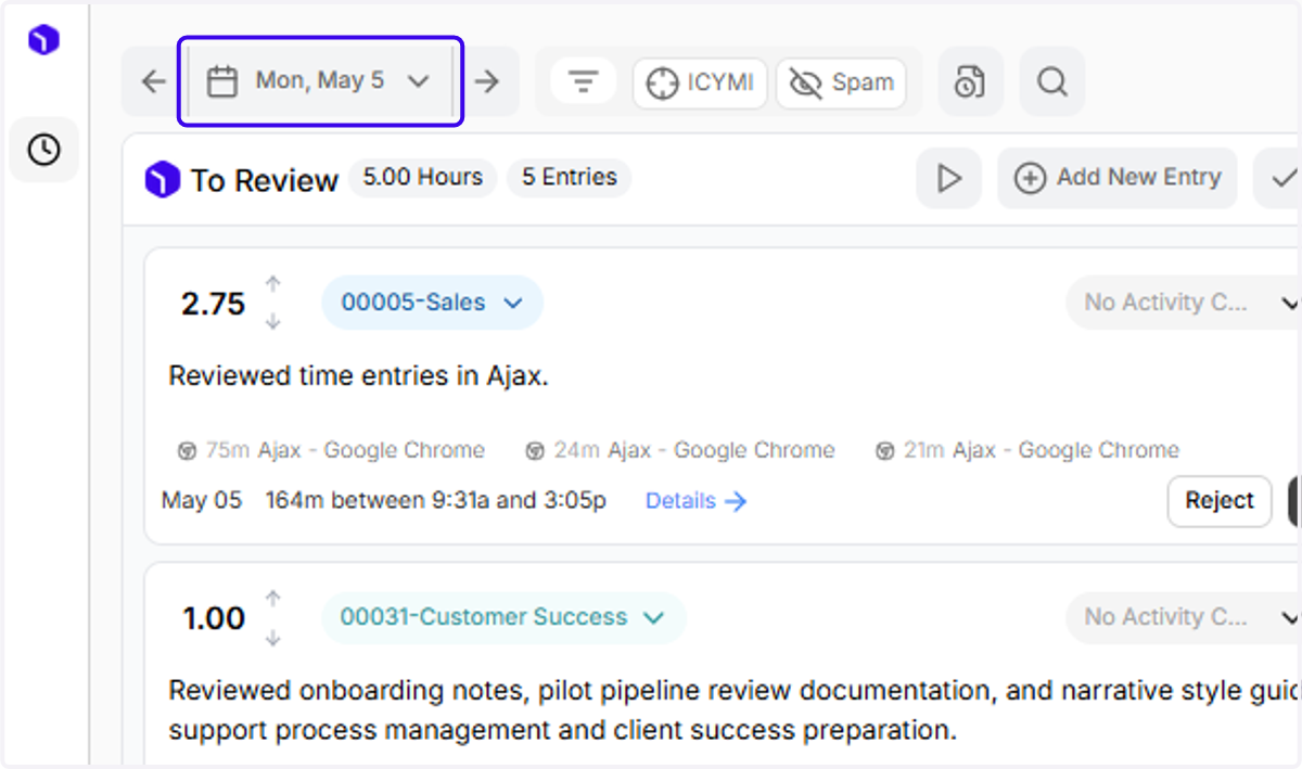To check that the entry has been correctly moved, click the Calendar dropdown on the main page
