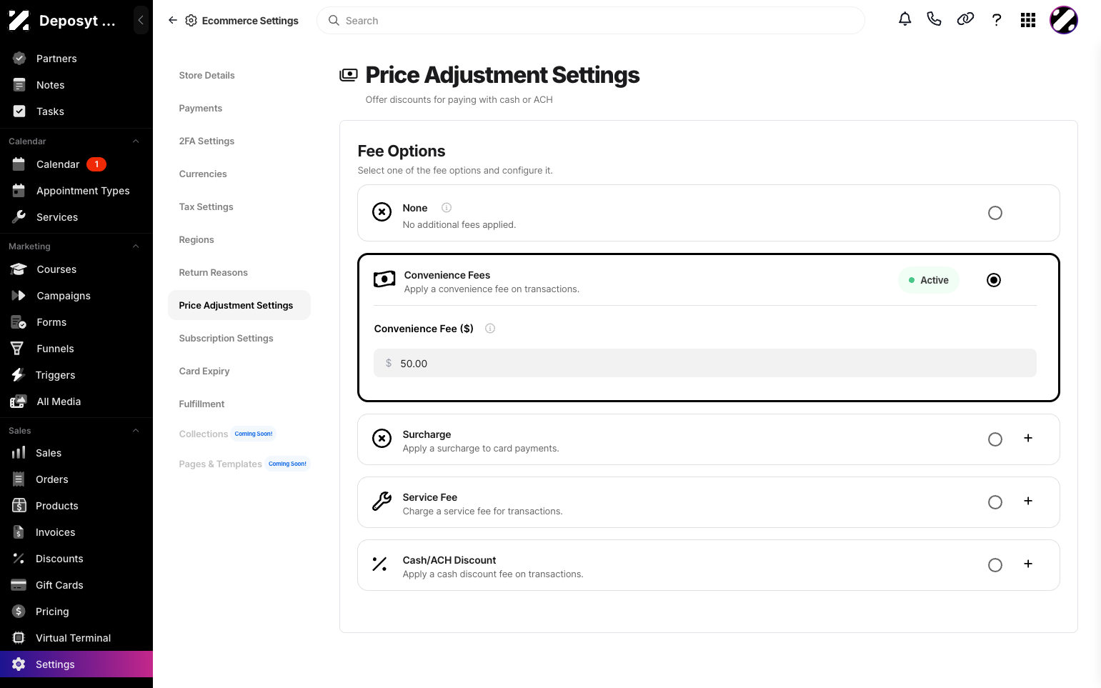 Step 5: The second option is Convenience Fee, where you can charge a convenience fee on transactions. You also need to enter the convenience fee amount.