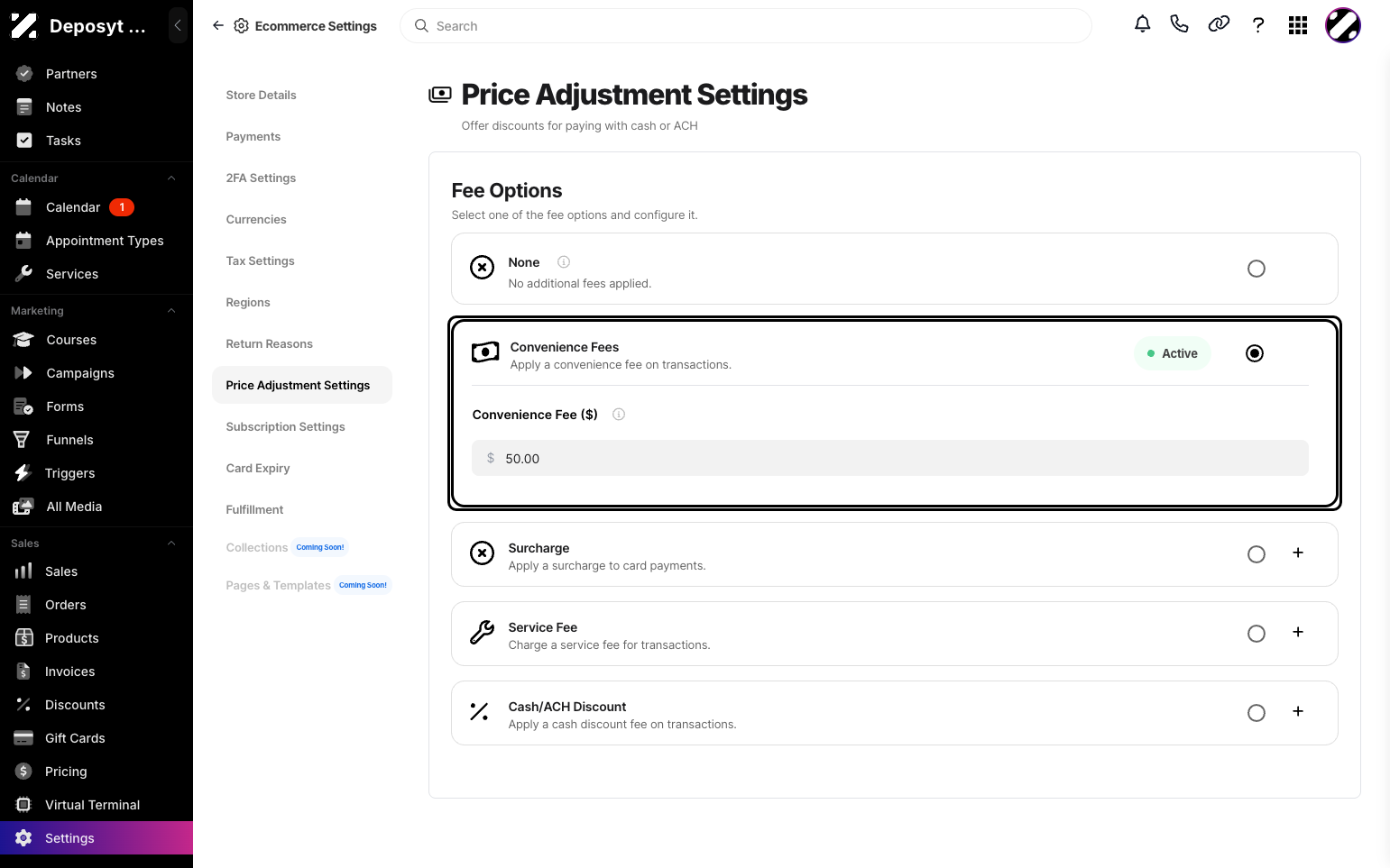 Step 5: The second option is Convenience Fee, where you can charge a convenience fee on transactions. You also need to enter the convenience fee amount.