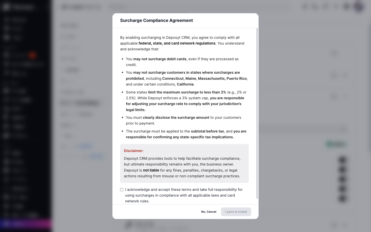 Step 10: After selecting a fee option, a pop-up will appear with the agreement for that option. Read the agreement, check the box at the bottom, and click I Agree & Enable.