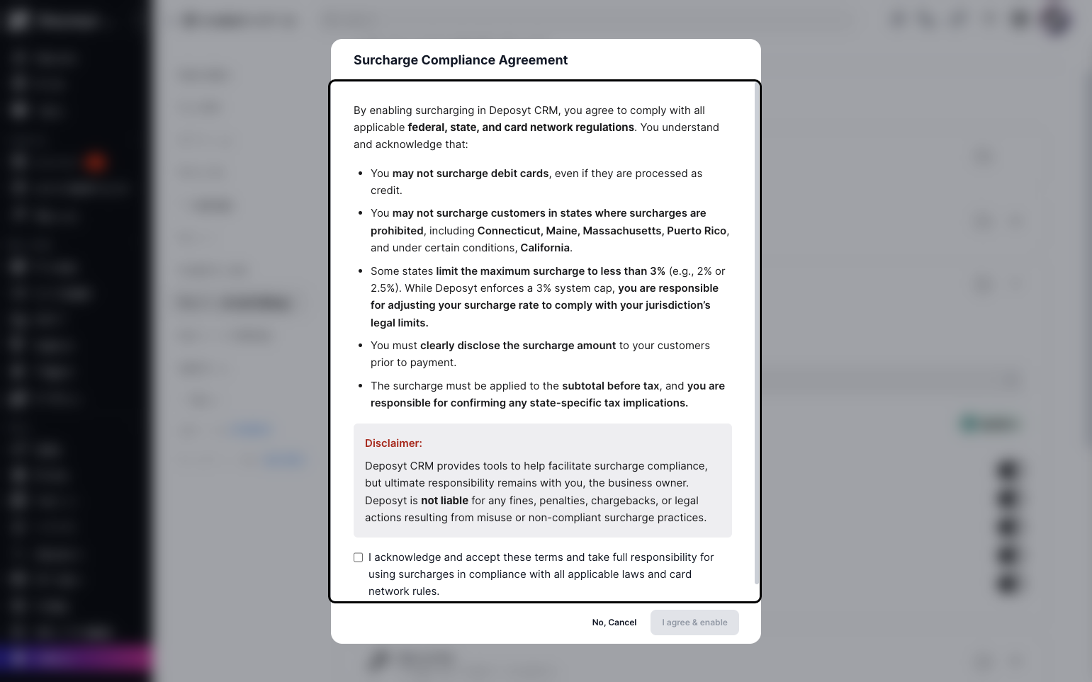 Step 10: After selecting a fee option, a pop-up will appear with the agreement for that option. Read the agreement, check the box at the bottom, and click I Agree & Enable.