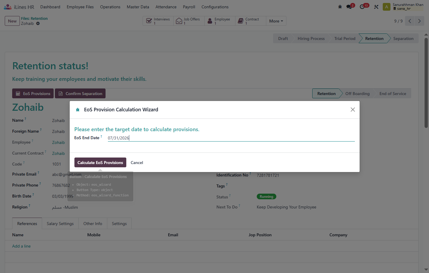 Click on Calculate EoS Provisions after calculate the EOS Provision for Employee is Created