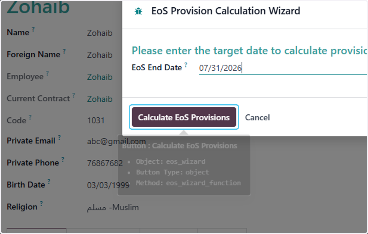 Click on Calculate EoS Provisions after calculate the EOS Provision for Employee is Created