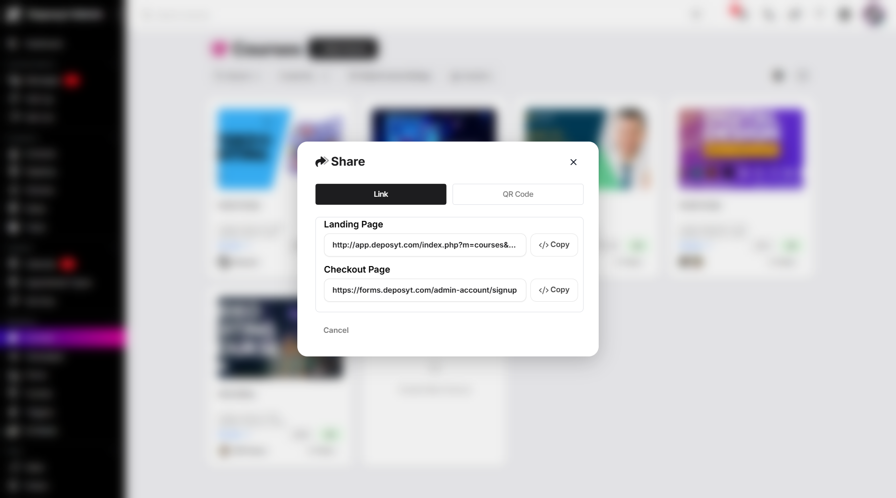 Step 4: A pop-up window will appear, allowing you to choose between copying the Landing Page or the Checkout Page link. Once copied, you can then share it with anyone.