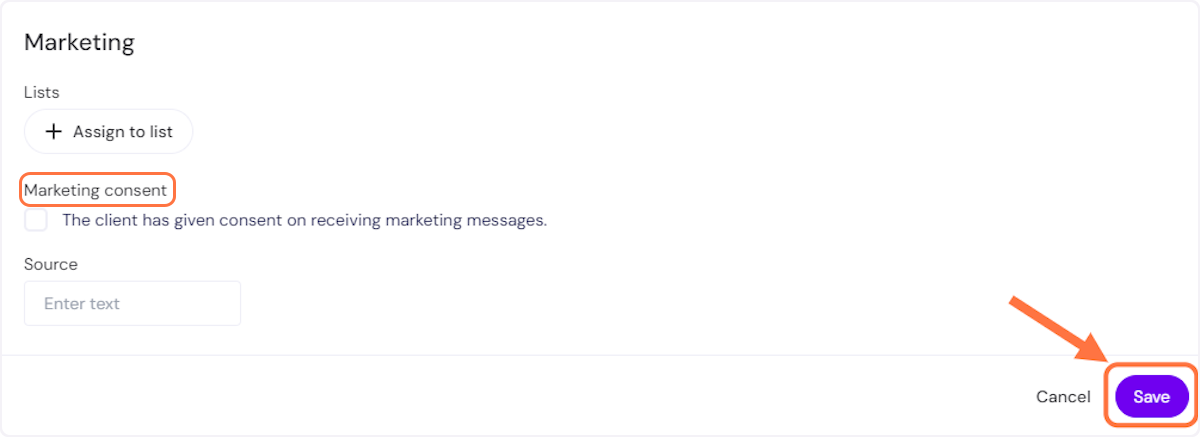 Select the checkbox if the client agrees to receive marketing messages