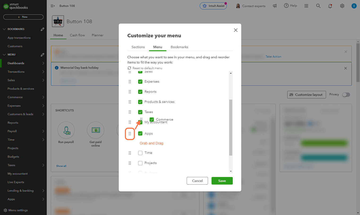 Drag Primary Menu Items to rearrange them