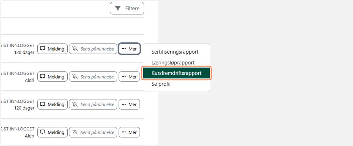 Klikk på «Kursfremdriftsrapport»