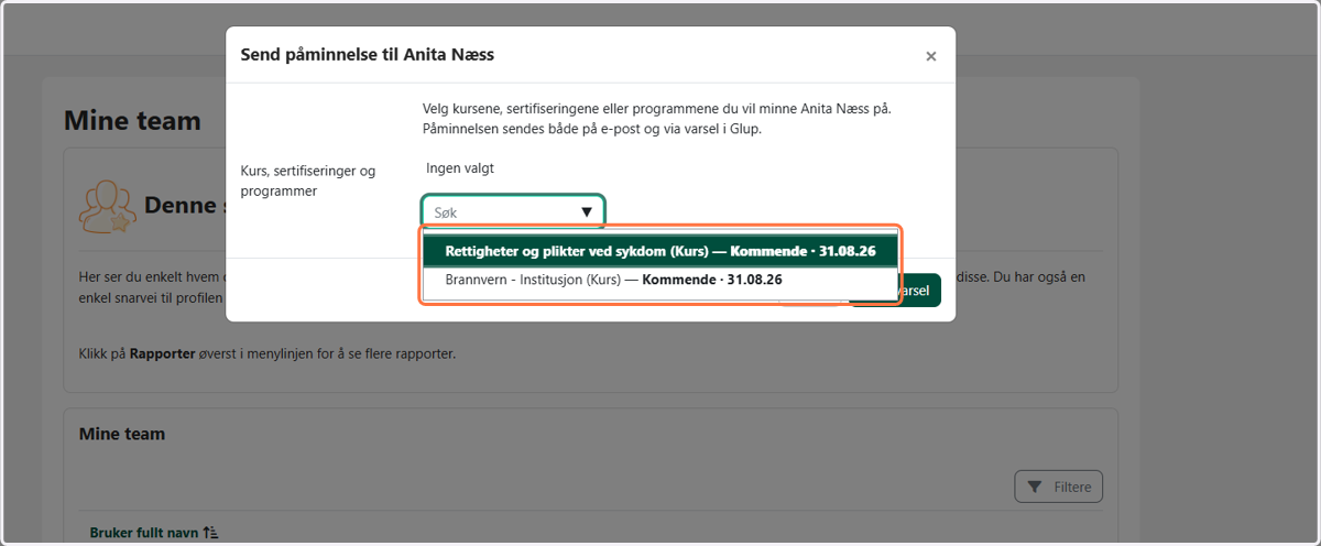 Velg kurset, sertifiseringen eller læringsløpet du vil sende en påminnelse om
