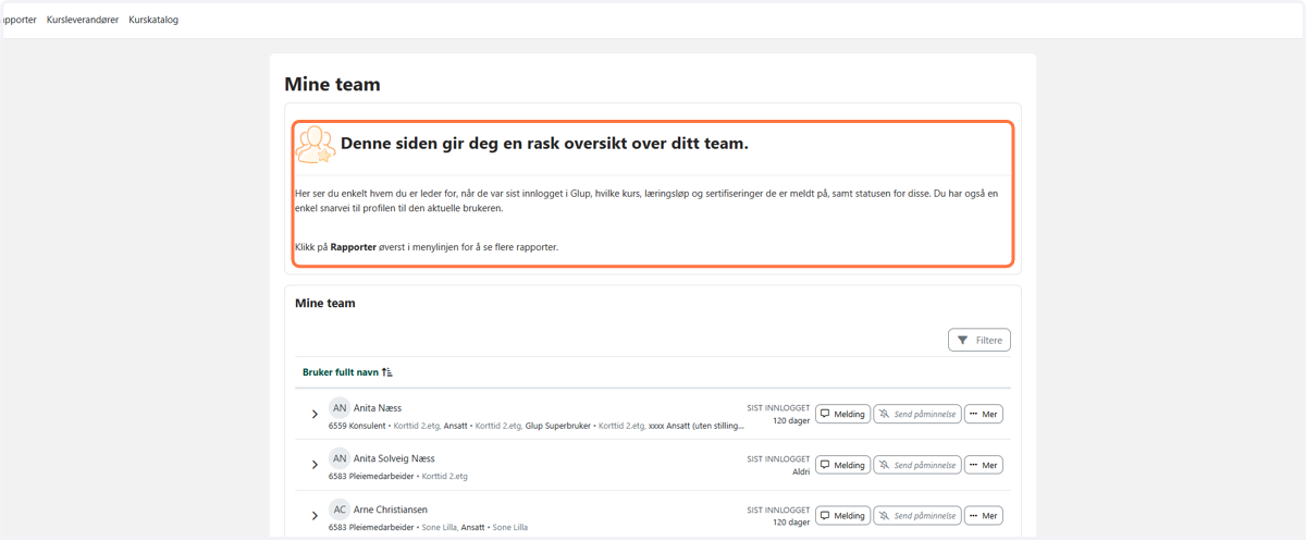 Denne siden gir deg en rask oversikt over ditt team