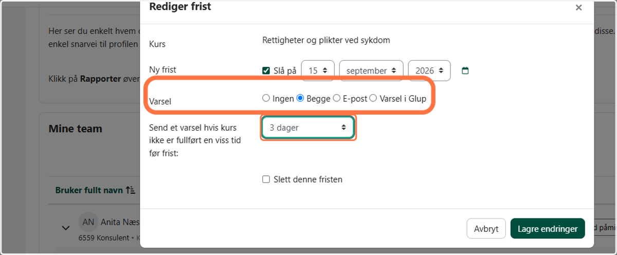 Velg hvordan den ansatte skal varsles, og når varselet skal sendes
