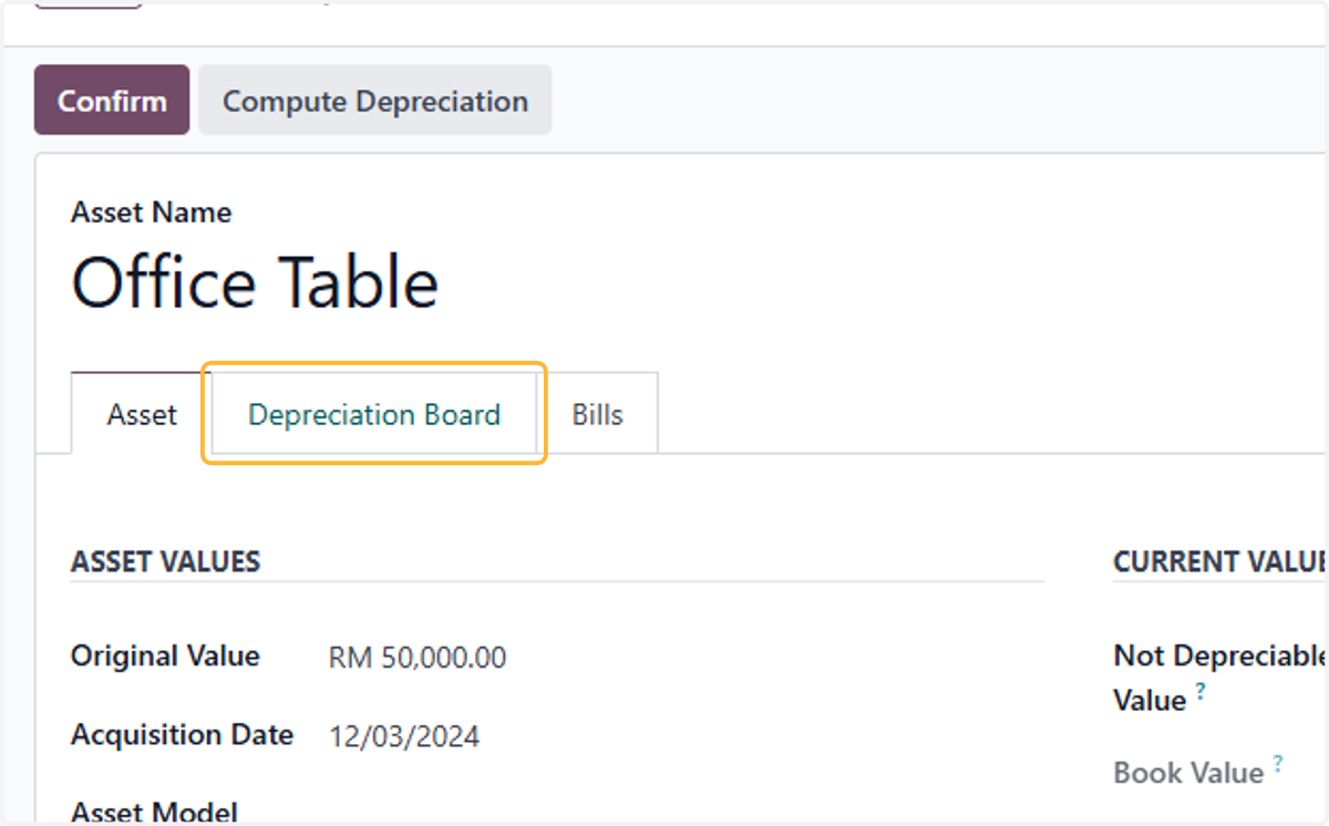 Click on Depreciation Board