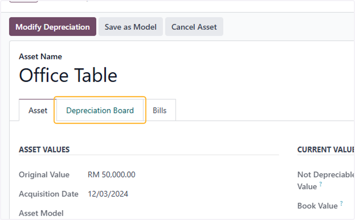Click on Depreciation Board