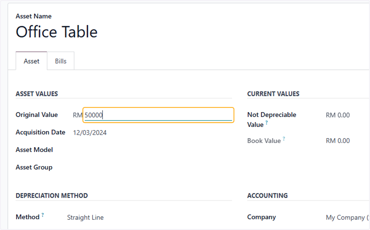 Fill in the value of asset
