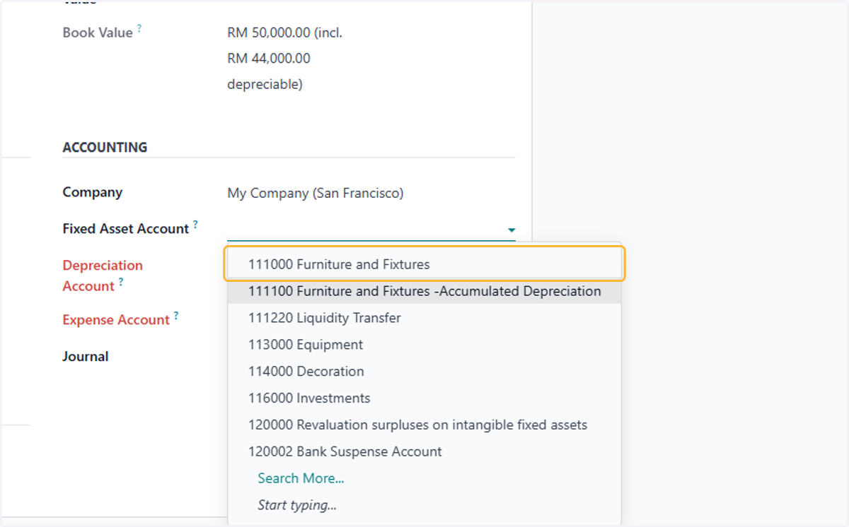 Select a Fixed Asset Account