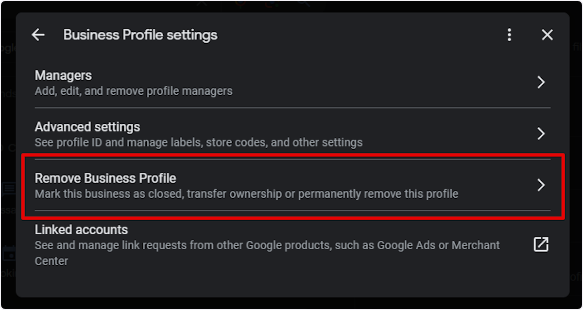 Select Remove Business Profile.