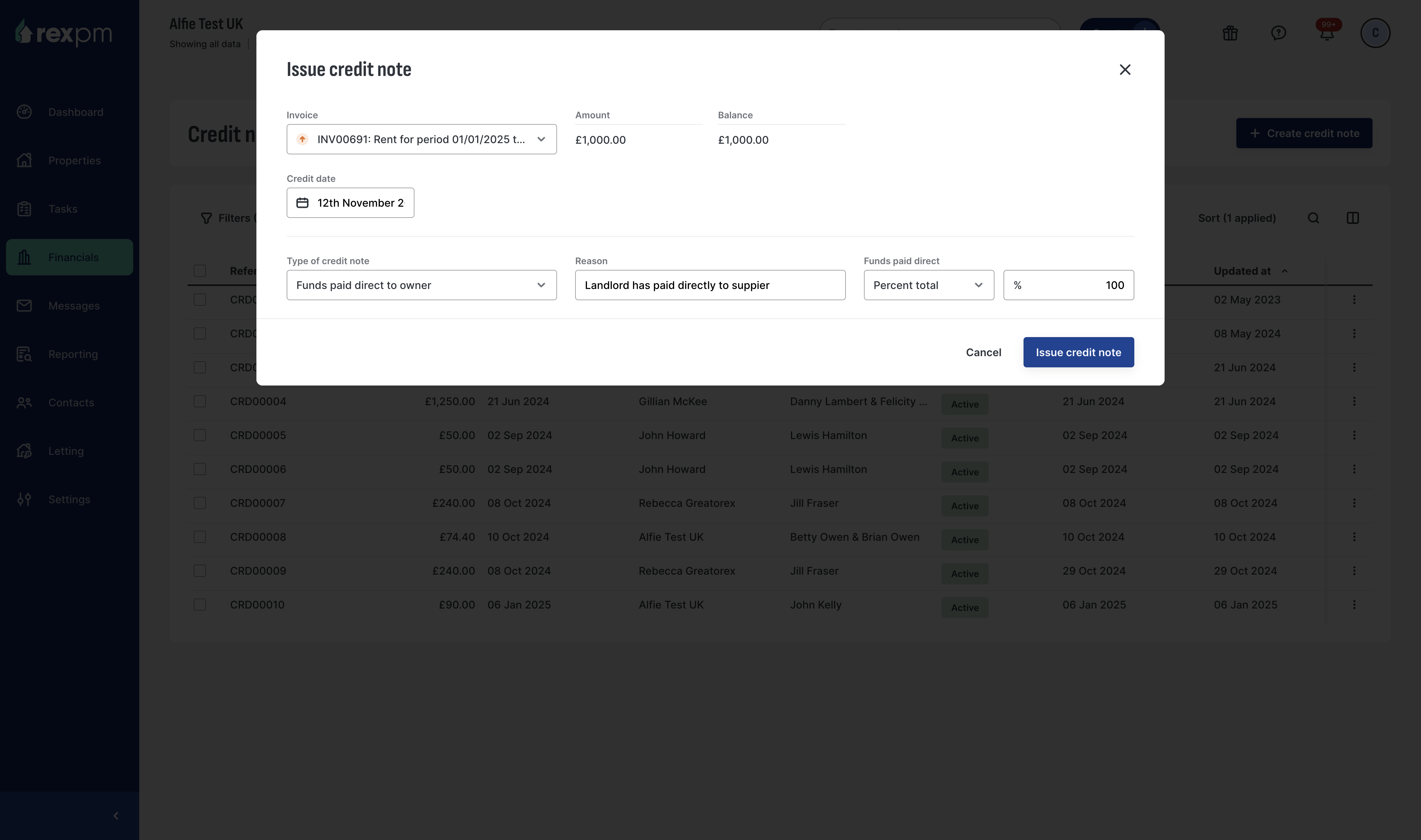 Click on Issue credit note