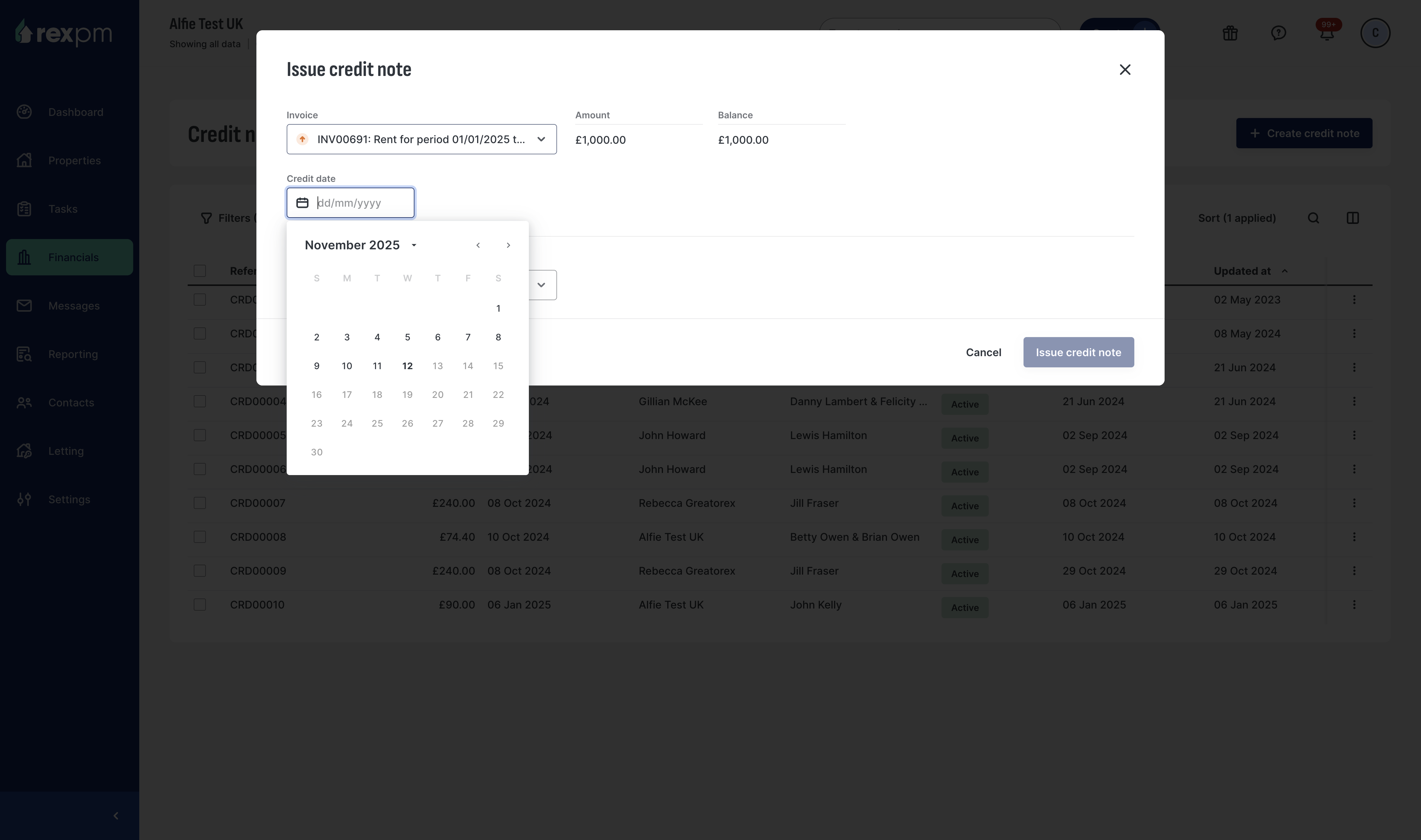 Select the date when the credit note applies to