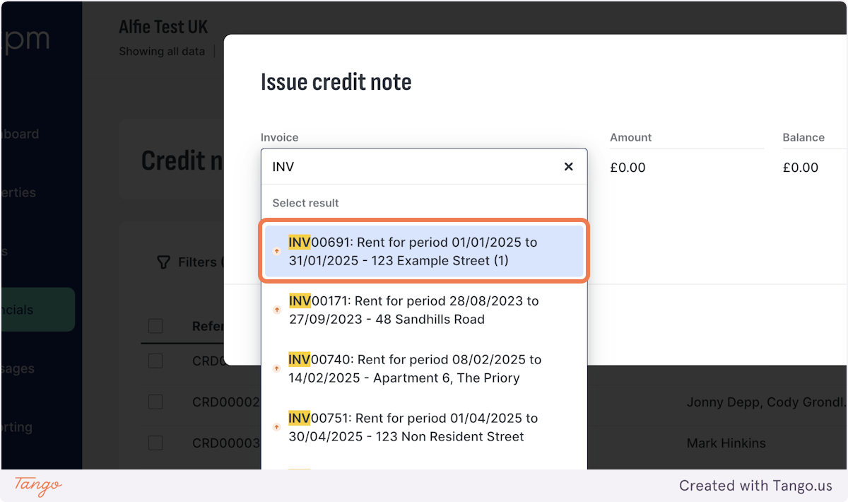 Find the invoice that you would like to apply the credit note to
