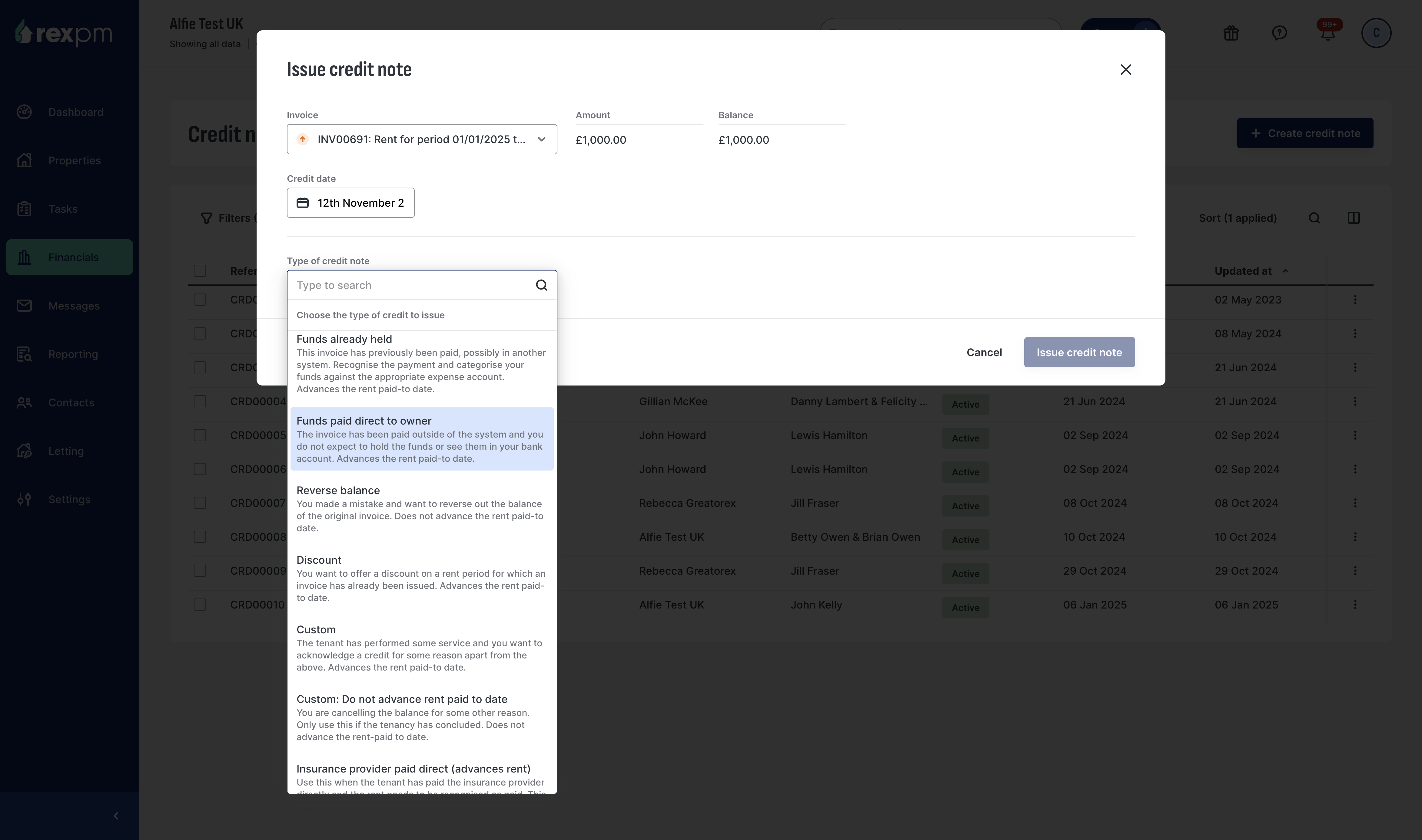 Select the type of credit note