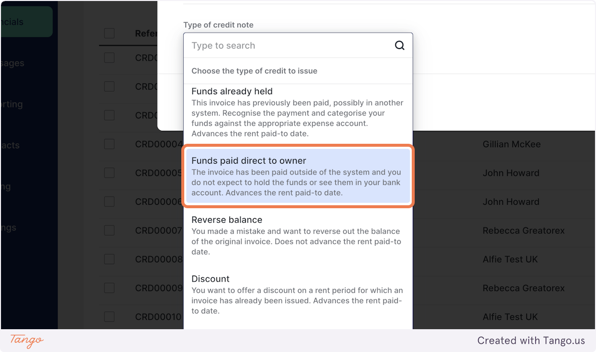 Select the type of credit note