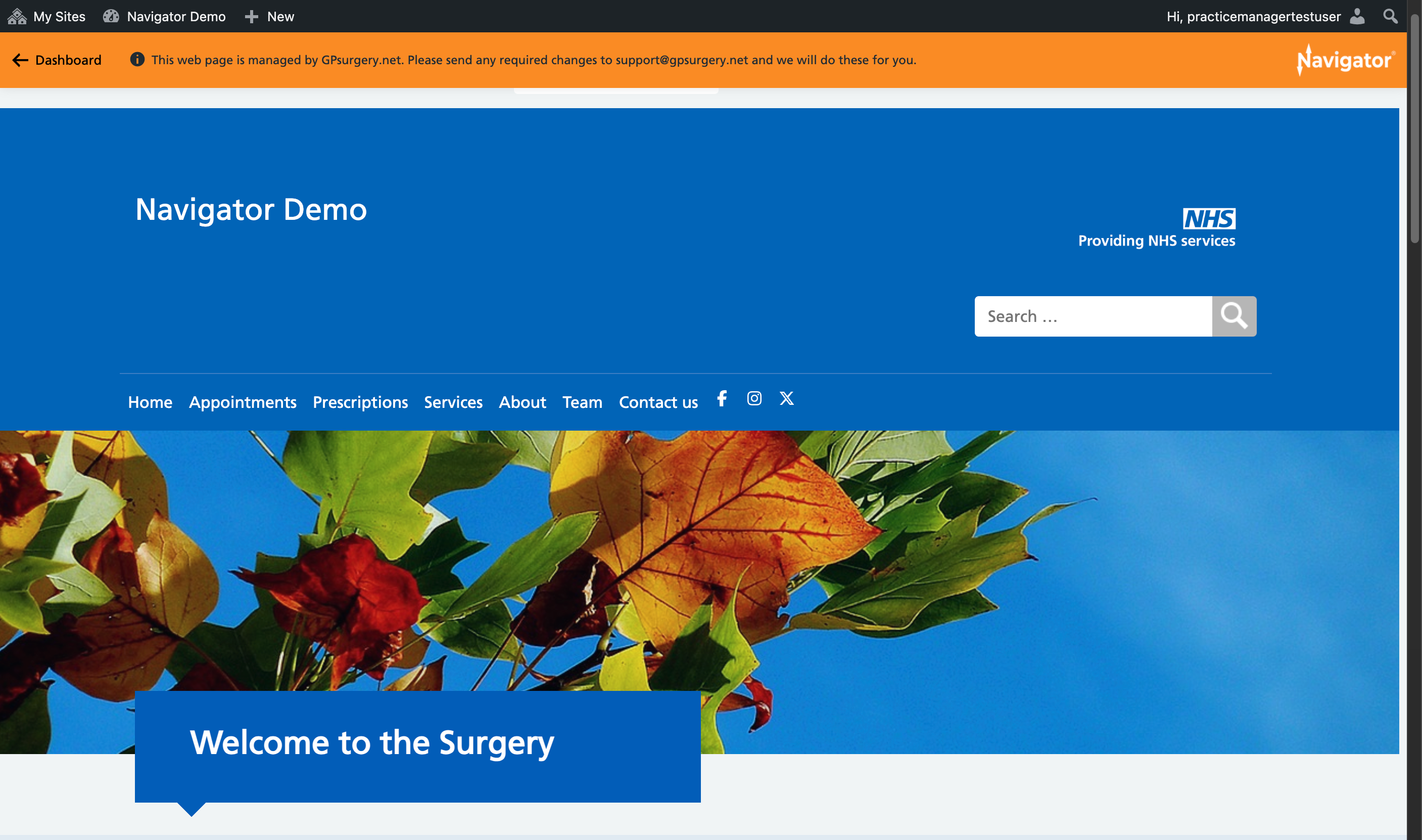 The homepage of a GPsurgery.net Navigator website, with the admin toolbar and Navigator toolbar visible at the top of the screen.