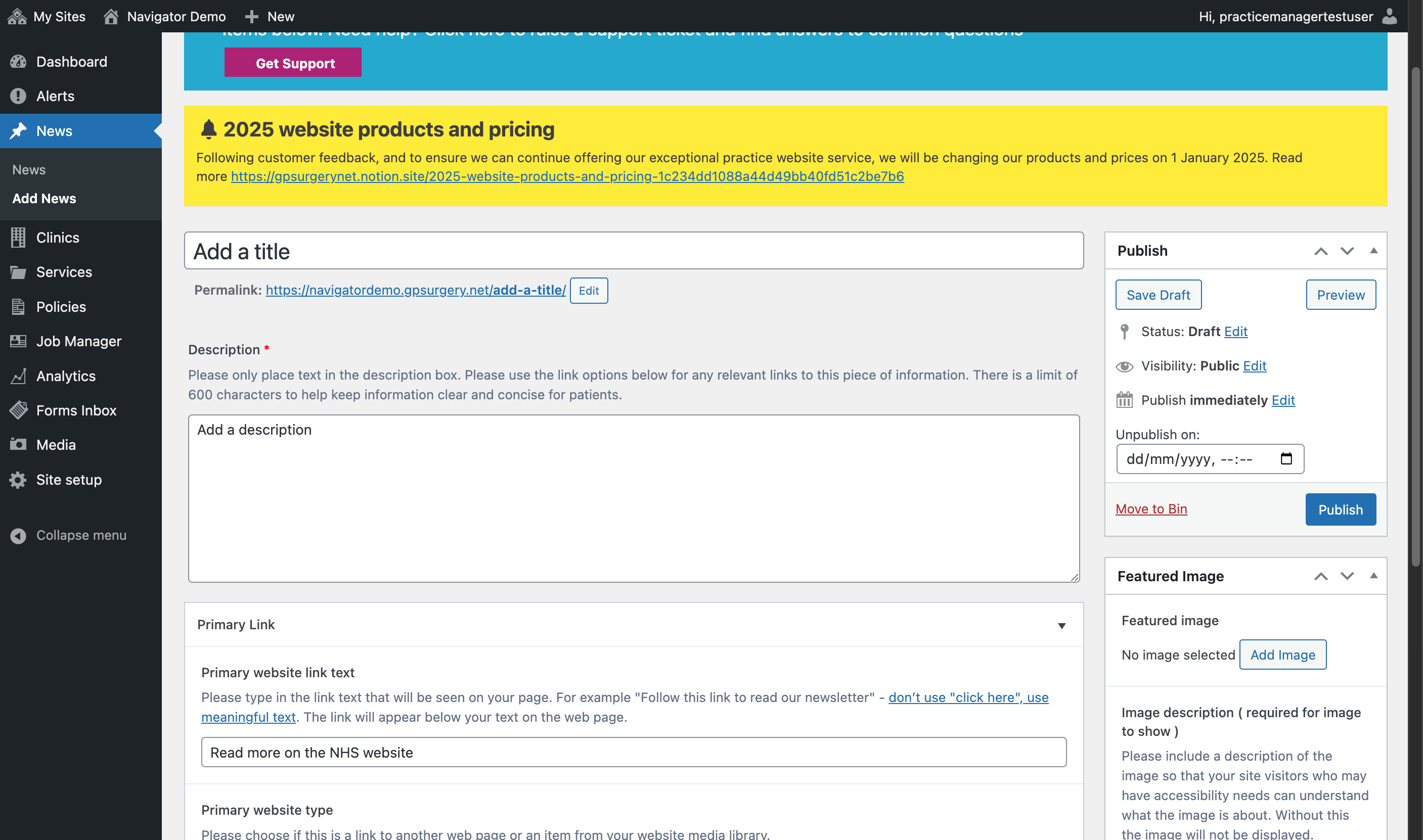 The News editor, with a title, description and link added
