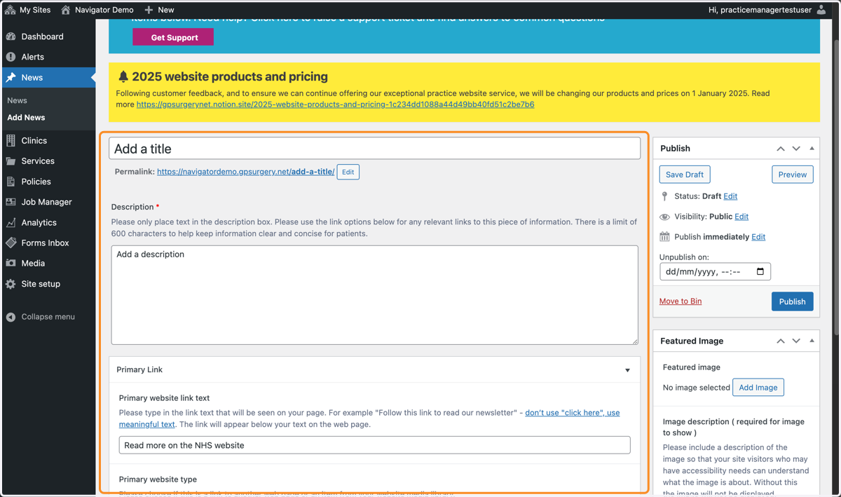 The News editor, with a title, description and link added
