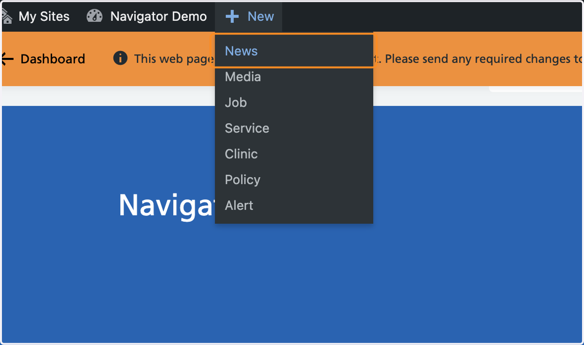 The +New drop-down with News selected from the list.
