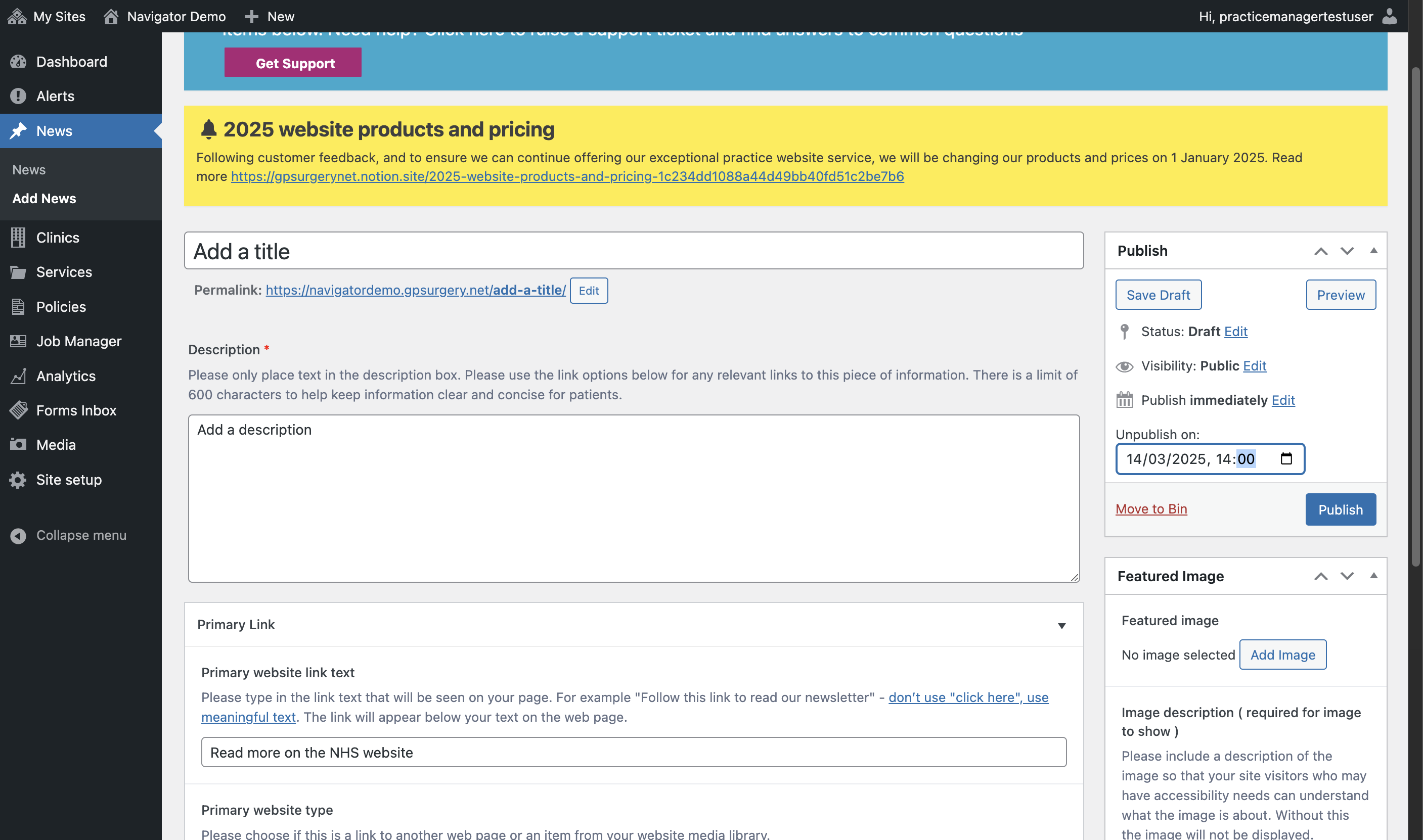 The Publish box, with a date and time typed into the Unpublish on: field.