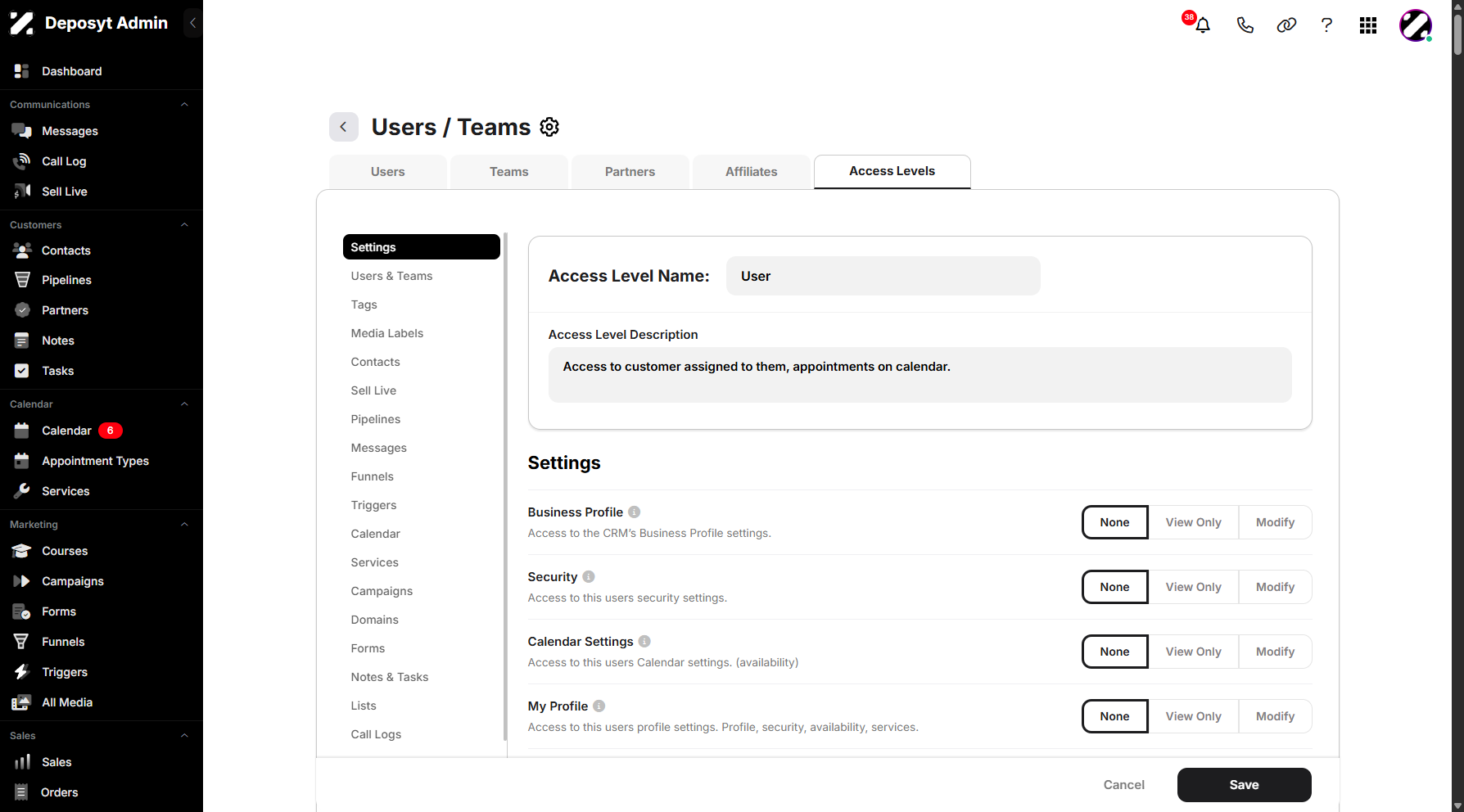 Step 8: You will then be taken to the Users/Teams Access Levels settings, where you can change the access level name and description, as well as update access levels for specific sections.