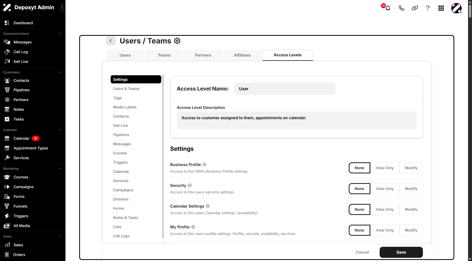 Step 8: You will then be taken to the Users/Teams Access Levels settings, where you can change the access level name and description, as well as update access levels for specific sections.