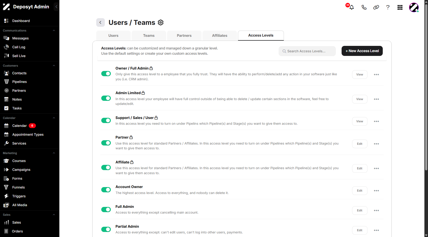 Step 10: You will then be automatically navigated back to the Access Levels list.