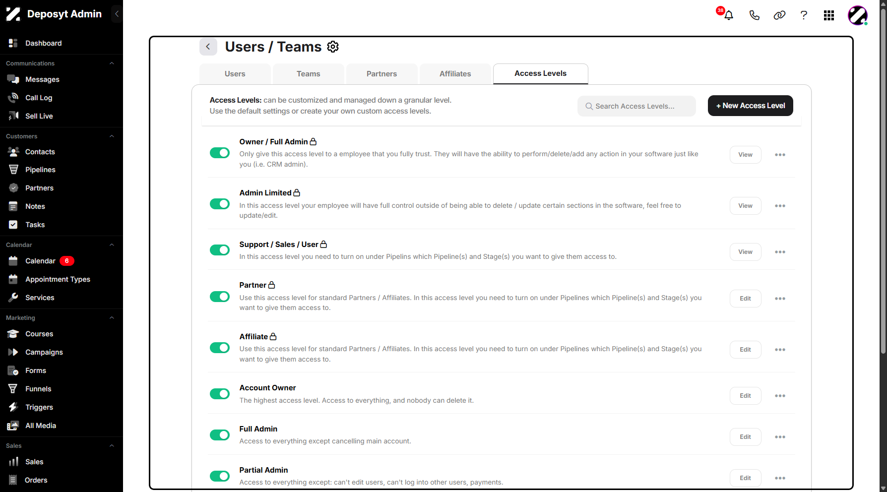 Step 10: You will then be automatically navigated back to the Access Levels list.