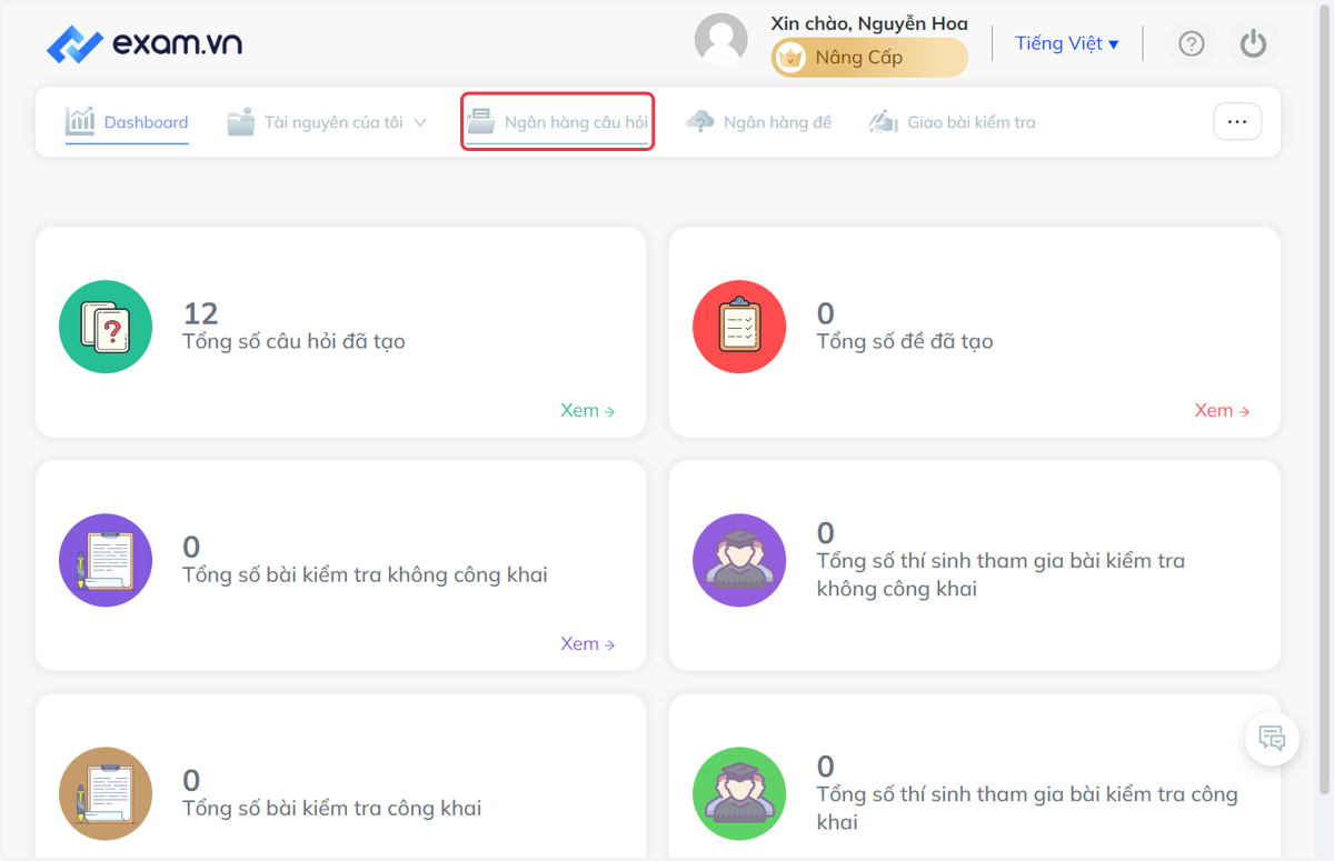 Nhấn chọn "Ngân hàng câu hỏi"