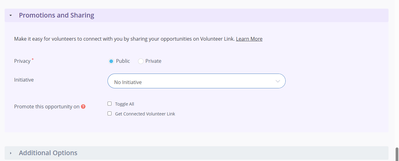 Initiative: Under Initiative, indicate whether the opportunity is part of a youth program. If it is, choose “Youth Opportunity” from the dropdown menu.