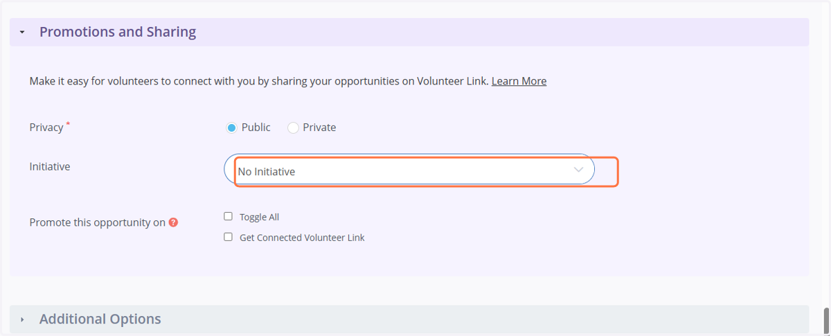 Initiative: Under Initiative, indicate whether the opportunity is part of a youth program. If it is, choose “Youth Opportunity” from the dropdown menu.
