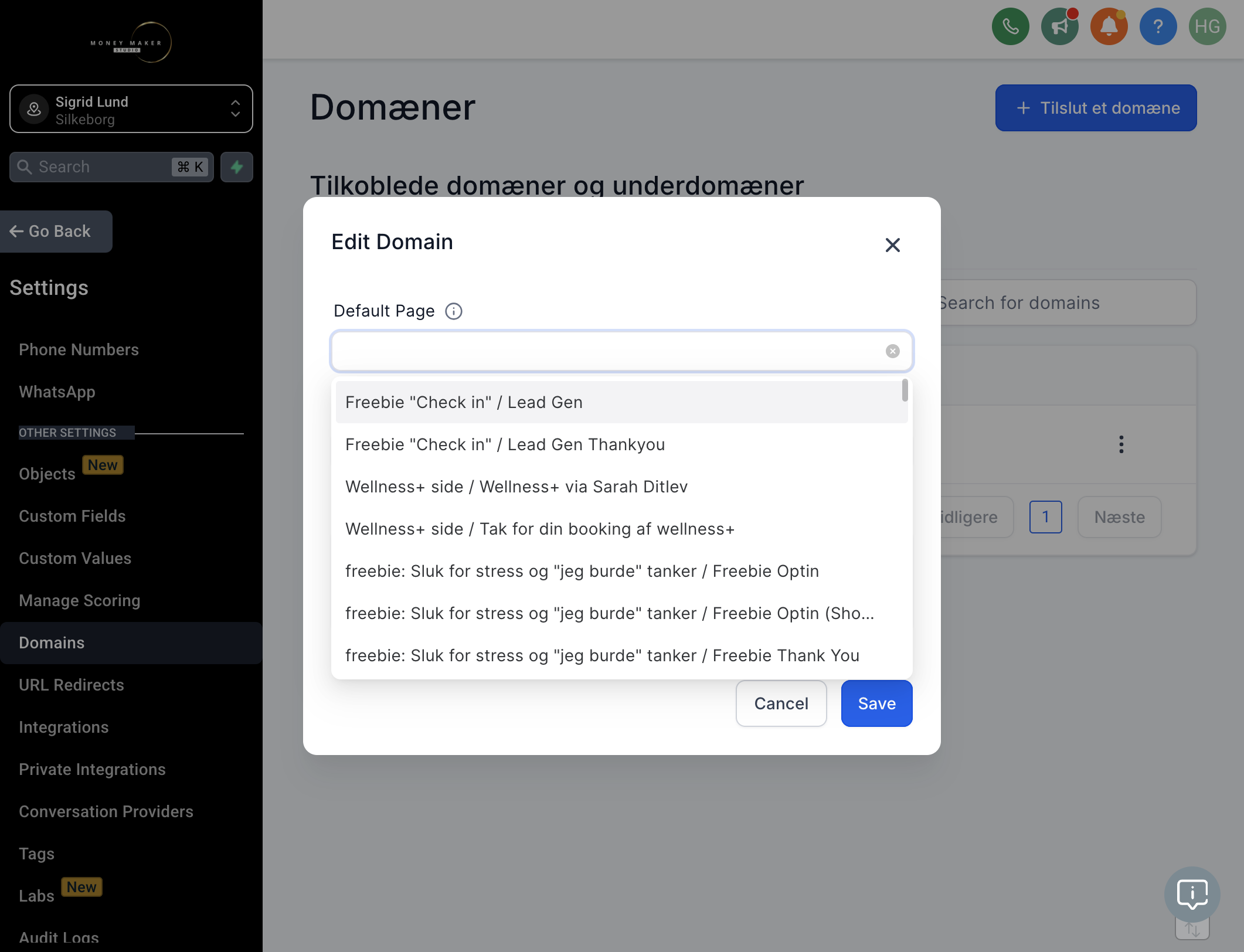 I feltet "Default Page" vælger du hvilken website landingpage eller funnel, som der skal vises som standard når man taster dit domæne i en browser