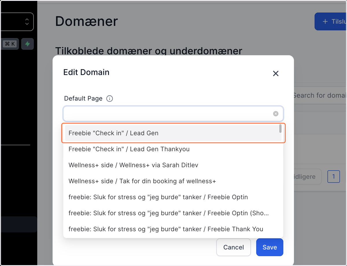 I feltet "Default Page" vælger du hvilken website landingpage eller funnel, som der skal vises som standard når man taster dit domæne i en browser
