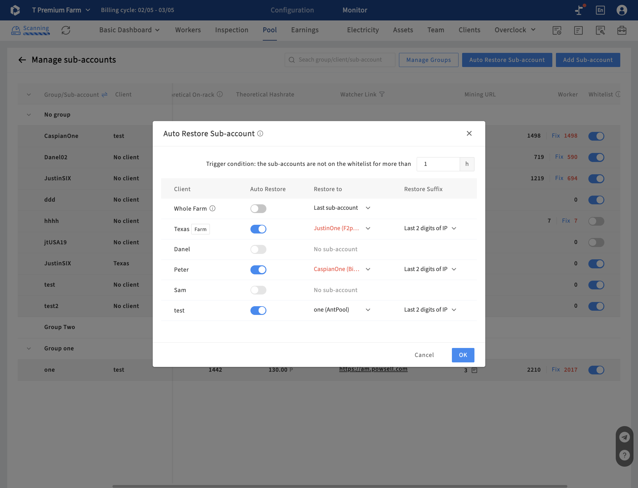 Auto Restore Sub-account is for configure back to the sub-account you want when client's miner is identified as "not in whitelist"