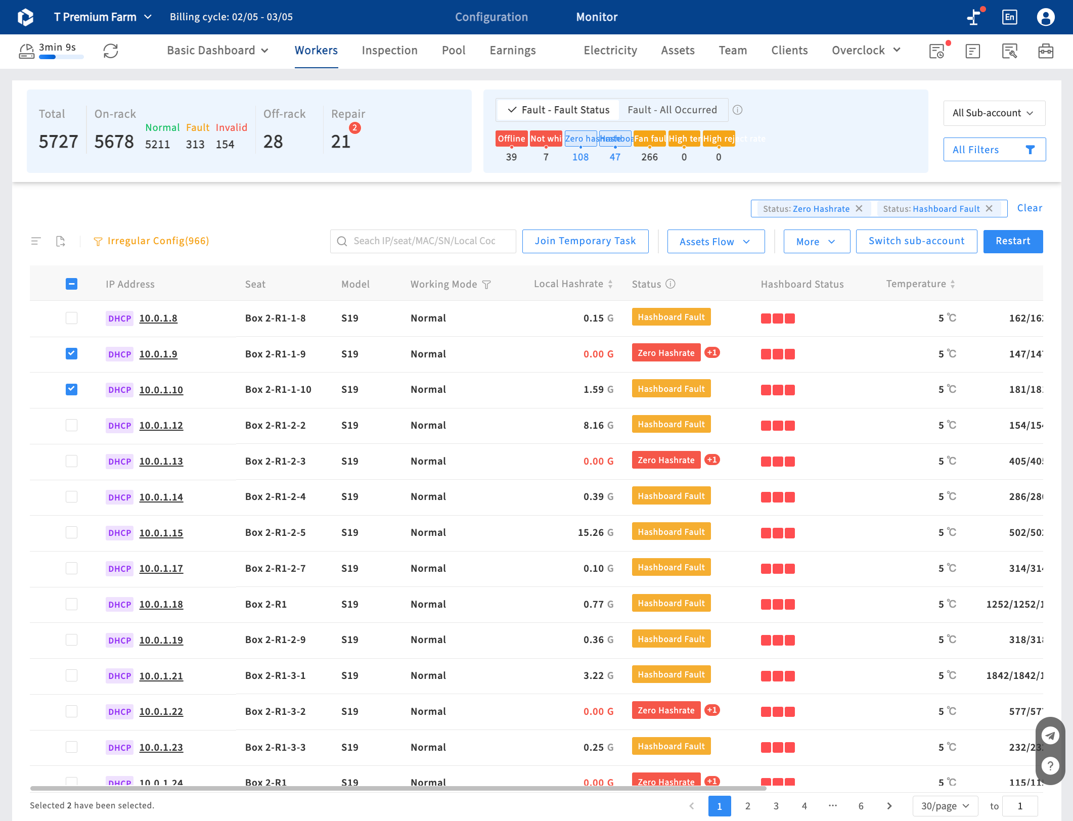 Fault filter - you can filter miners by fault status, in which each miner is counted based on its most severe fault. The information icon show the ranking of fault. for "all occur", each fault is independently counted.So miner with 2 fault will be co