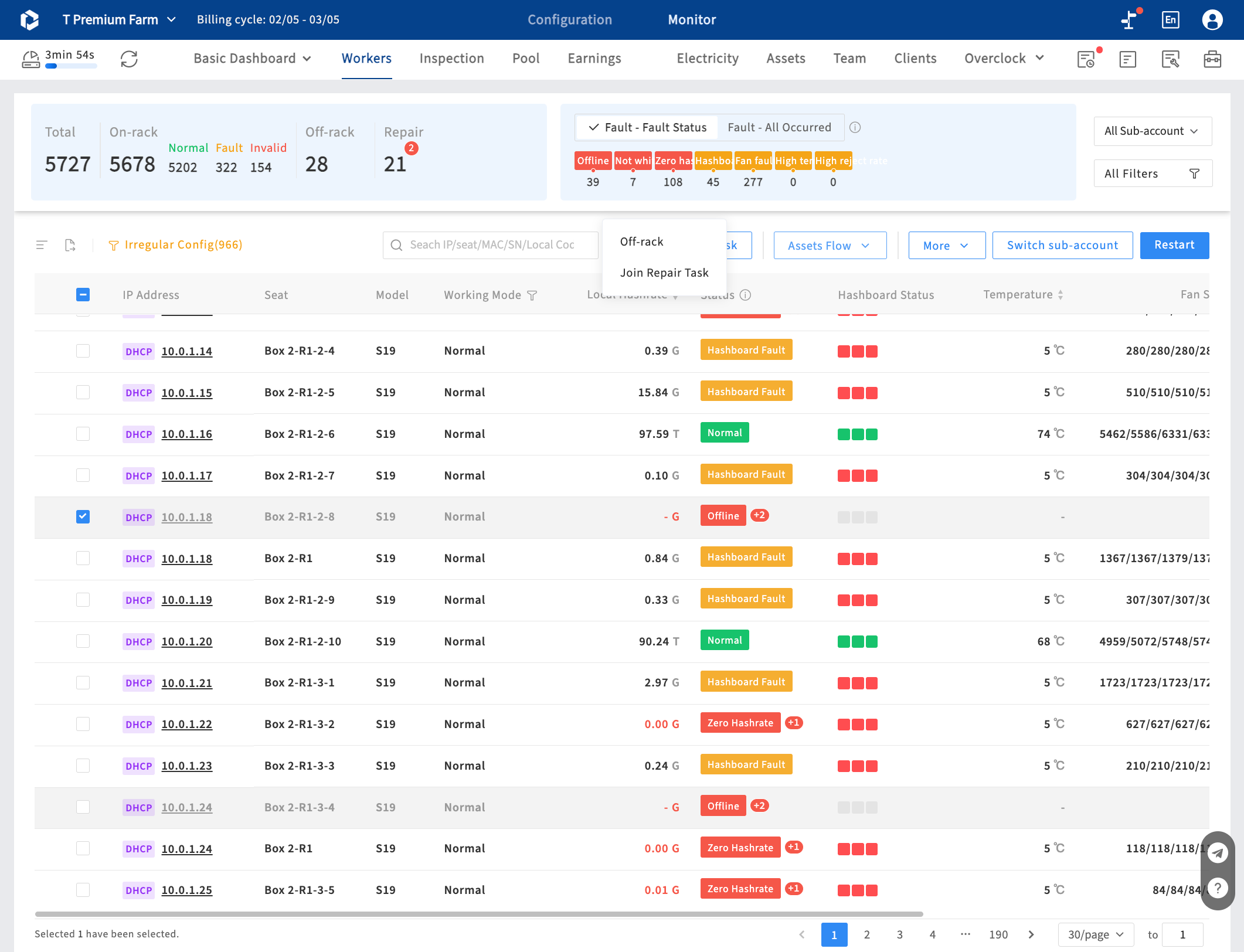 In addition to online operation and maintenance, miners may also be taken down from rack we called off-rack, put into inventory, and repaired. You can choose the offline machines for off-rack or join repair task to track the progress.