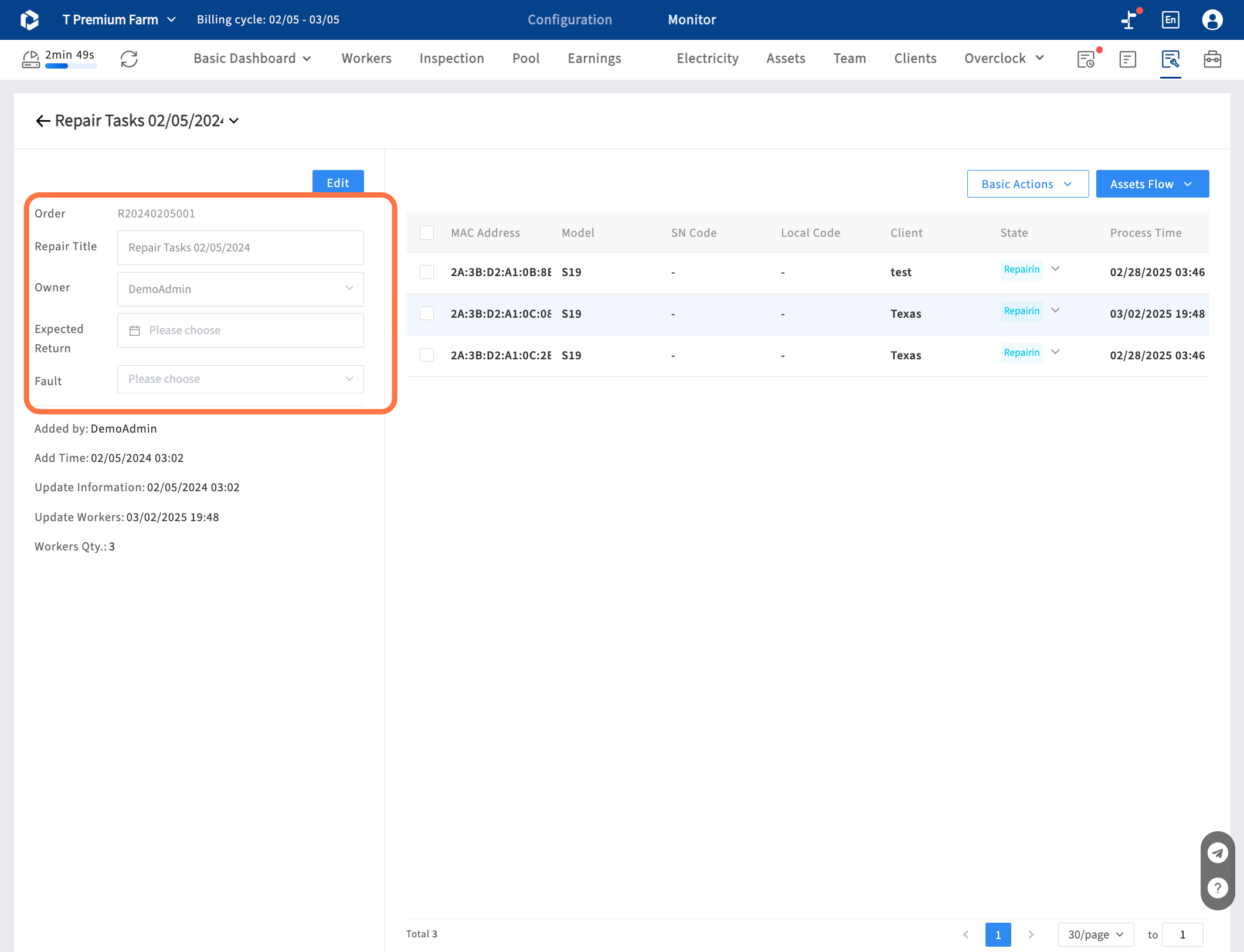 Repair tracking - when you use Itsminer repair tracking function, added some miners in repair tasks, just click the "repair tasks" icon and check all the tasks and detail of each repaire task, and set the state of each miner.