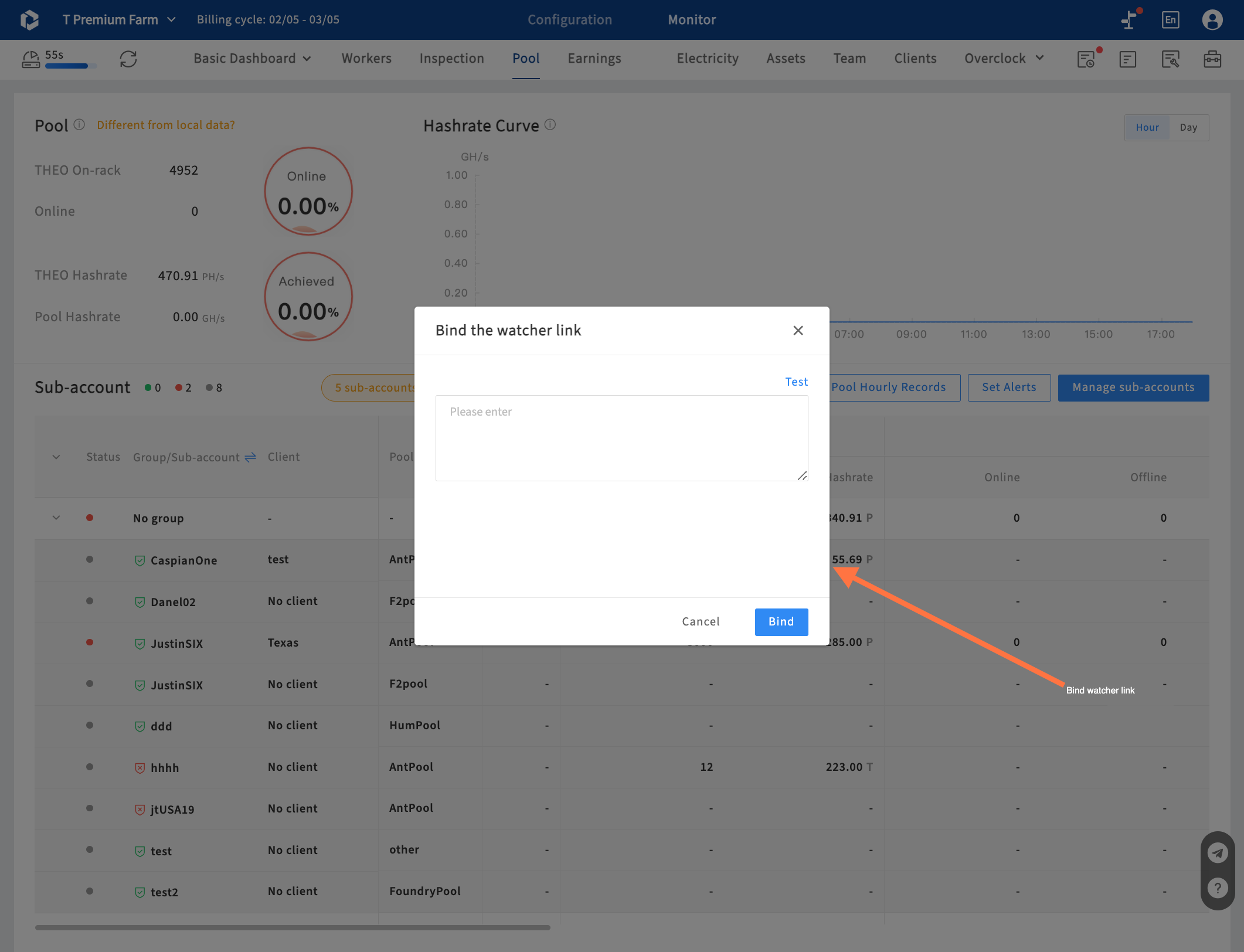 Pool configuration and pool data. All sub accounts in the farm will be scanned and displayed on the pool page. Hover on sub-accounts to binding observer links, ItsMiner will continuously capture data from the pool, such as online numbers, hashrate, a