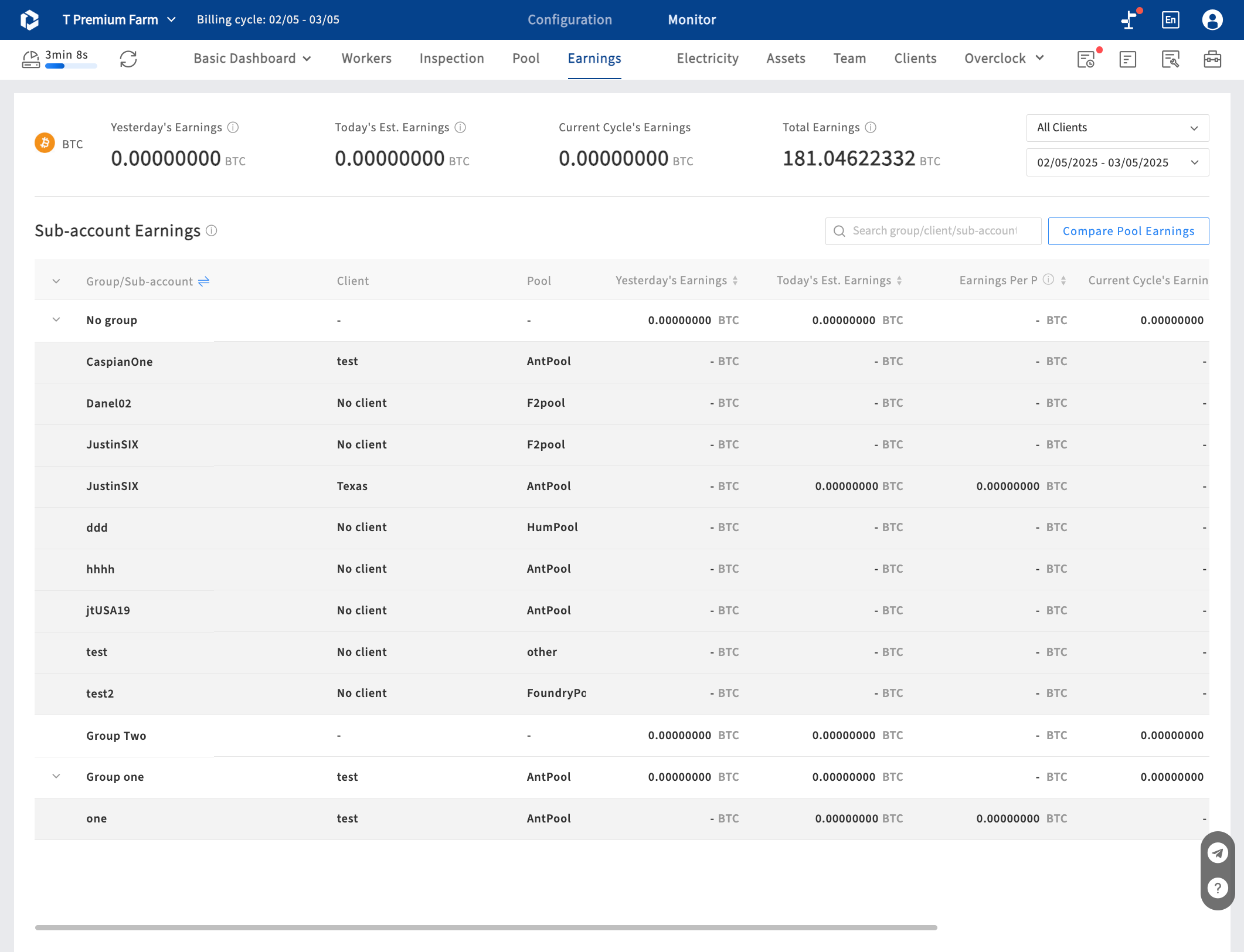 Earnings page show the earning data for all sub-accounts