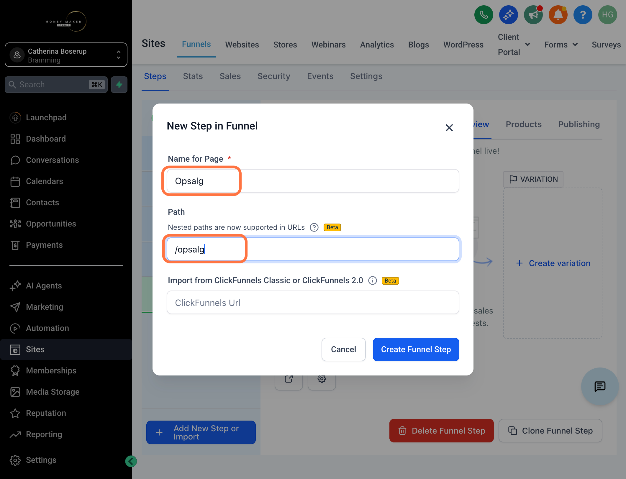 Udfyld Navn og URL (Path) - Klik derefer på "Create Funnel Step"