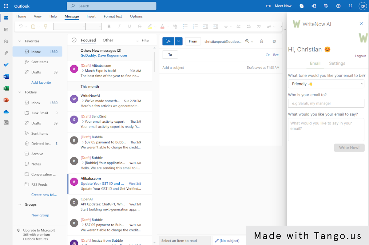 Open Microsoft Outlook on the web or on your desktop and open the WriteNow AI add-in (either from a new message window, or when replying to an email).