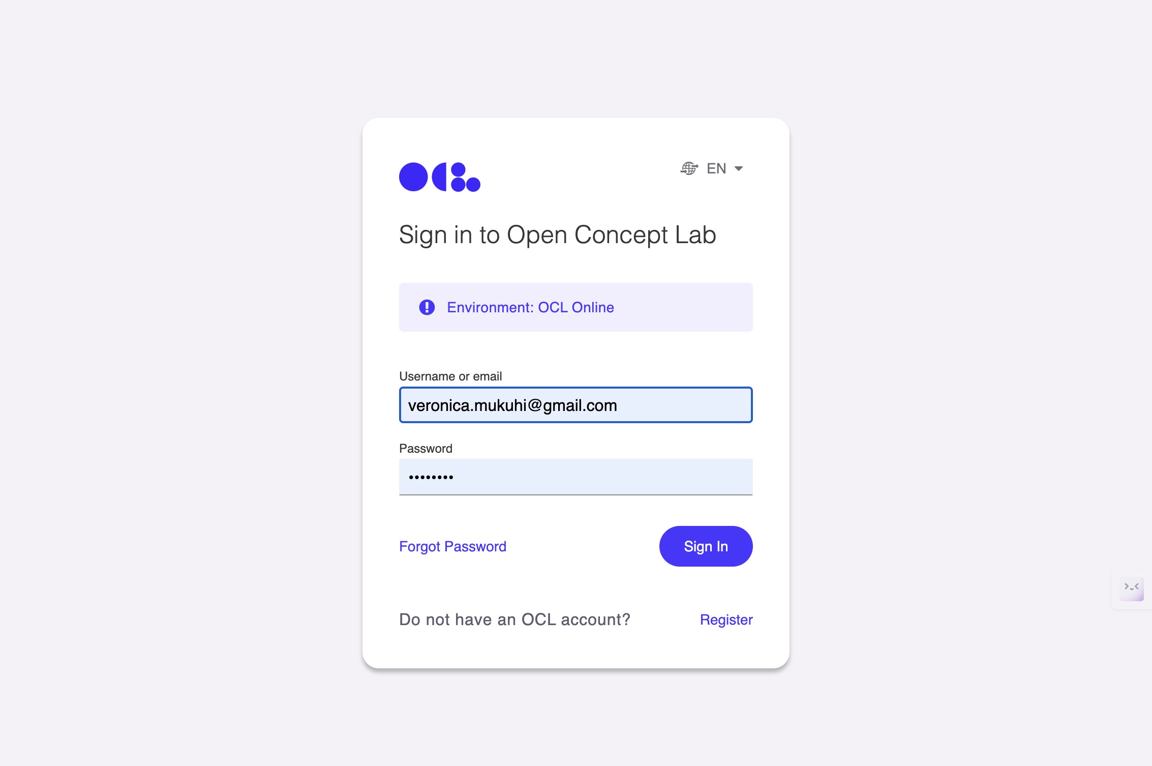 Type your OCL "username" and "password" then click "sign in"